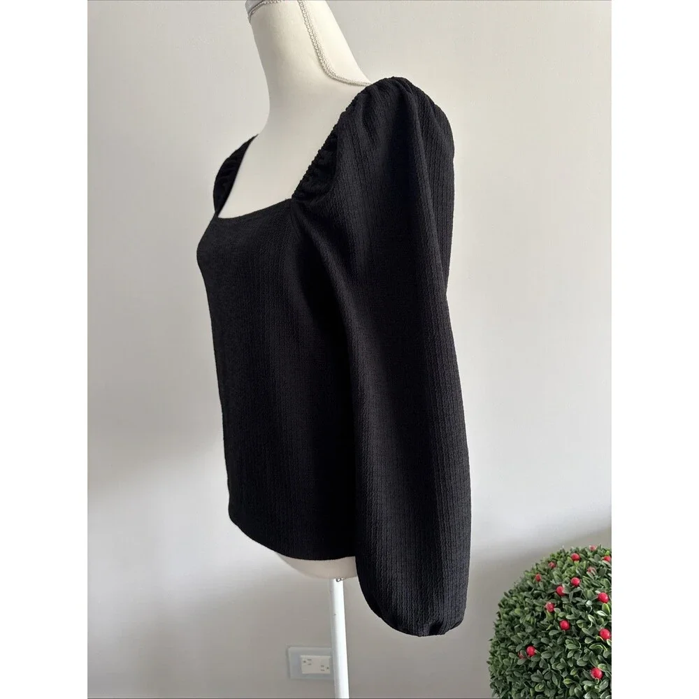 Madewell Sz S Crepe Square Neck Puff Sleeve Top Black Polyester Off Shoulder